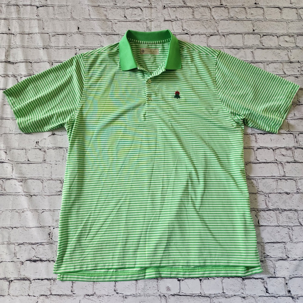Donald Ross Men's XL Green White Striped Golf Polo Shirt Fire Tree Logo